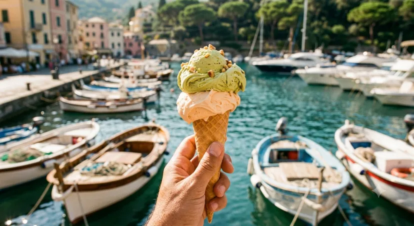 Pistachio, obviously 🍦 Two scoops, a harbour full of little boats, and absolutely nowhere else to be.