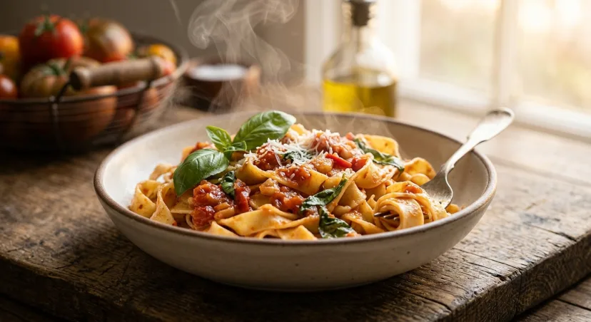 Tagliatelle al pomodoro, exactly how nonna would want it 🌿 Fifteen minutes of simmering, a lifetime of flavor.