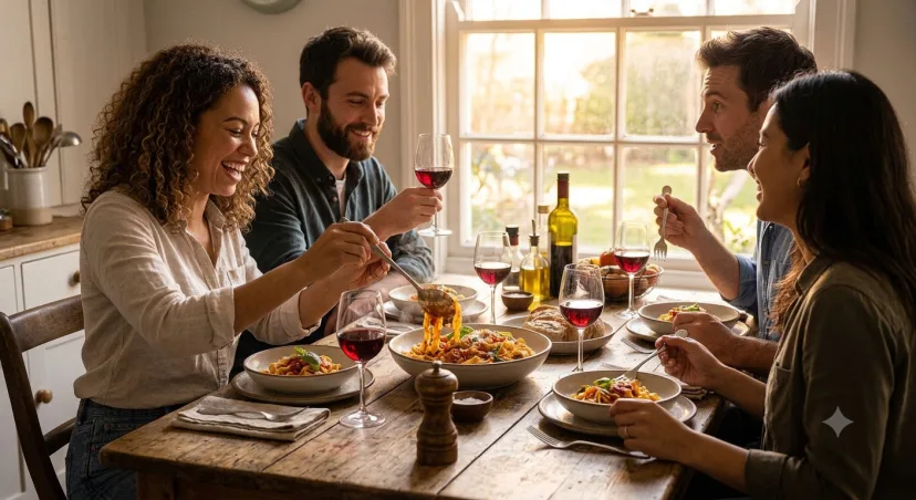 Always better shared 🍷 Good pasta, a bottle of red, and the people worth cooking for. This is the whole point.